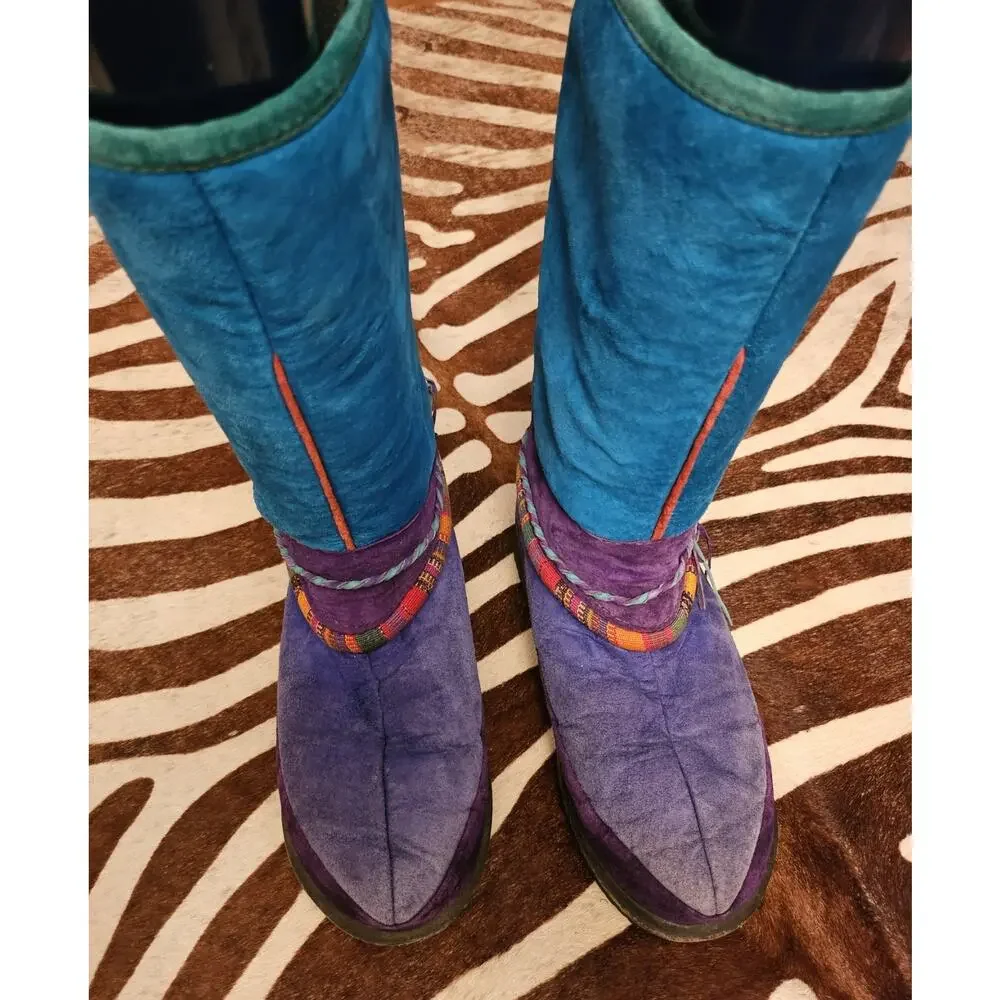 Vintage 90s Shearling Native Eskimo Boots Southwestern Leather Teal Vibram Sole